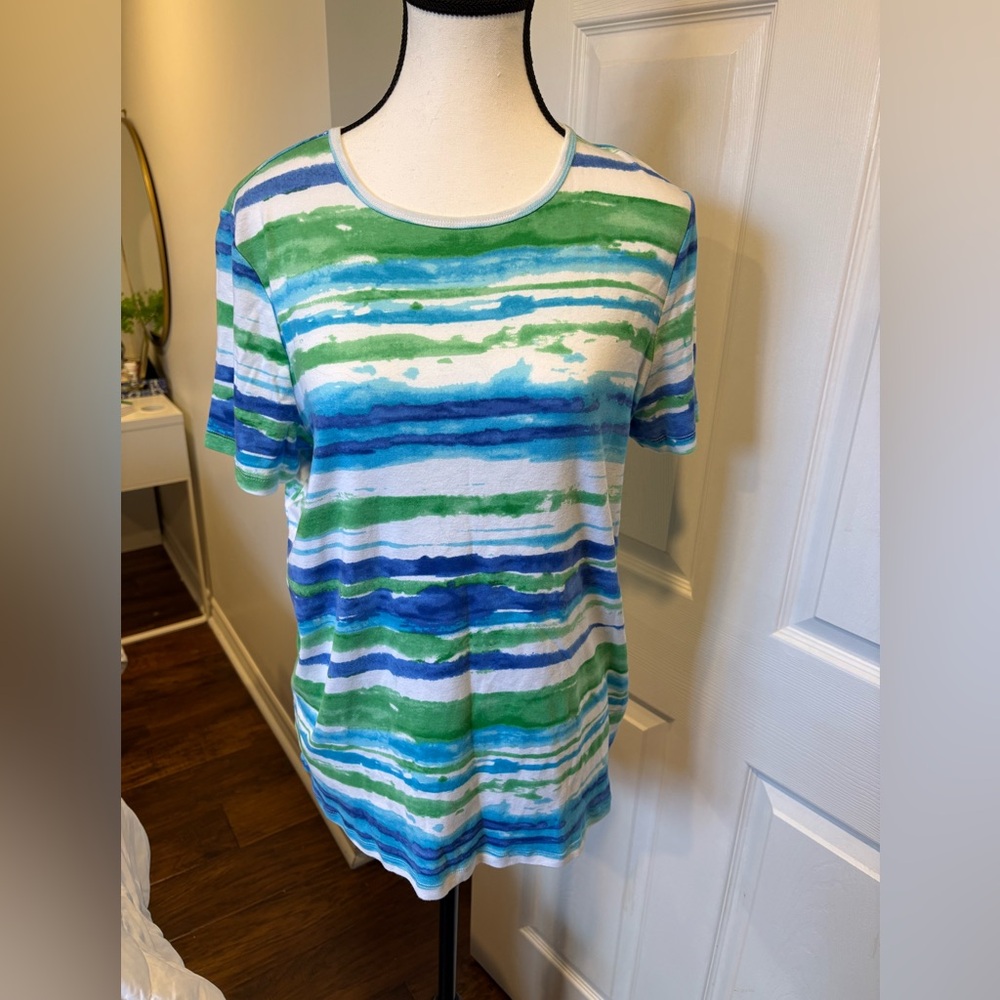 Lauren Ralph Lauren Green & Blue Watercolour Stripe Tee Size 1X